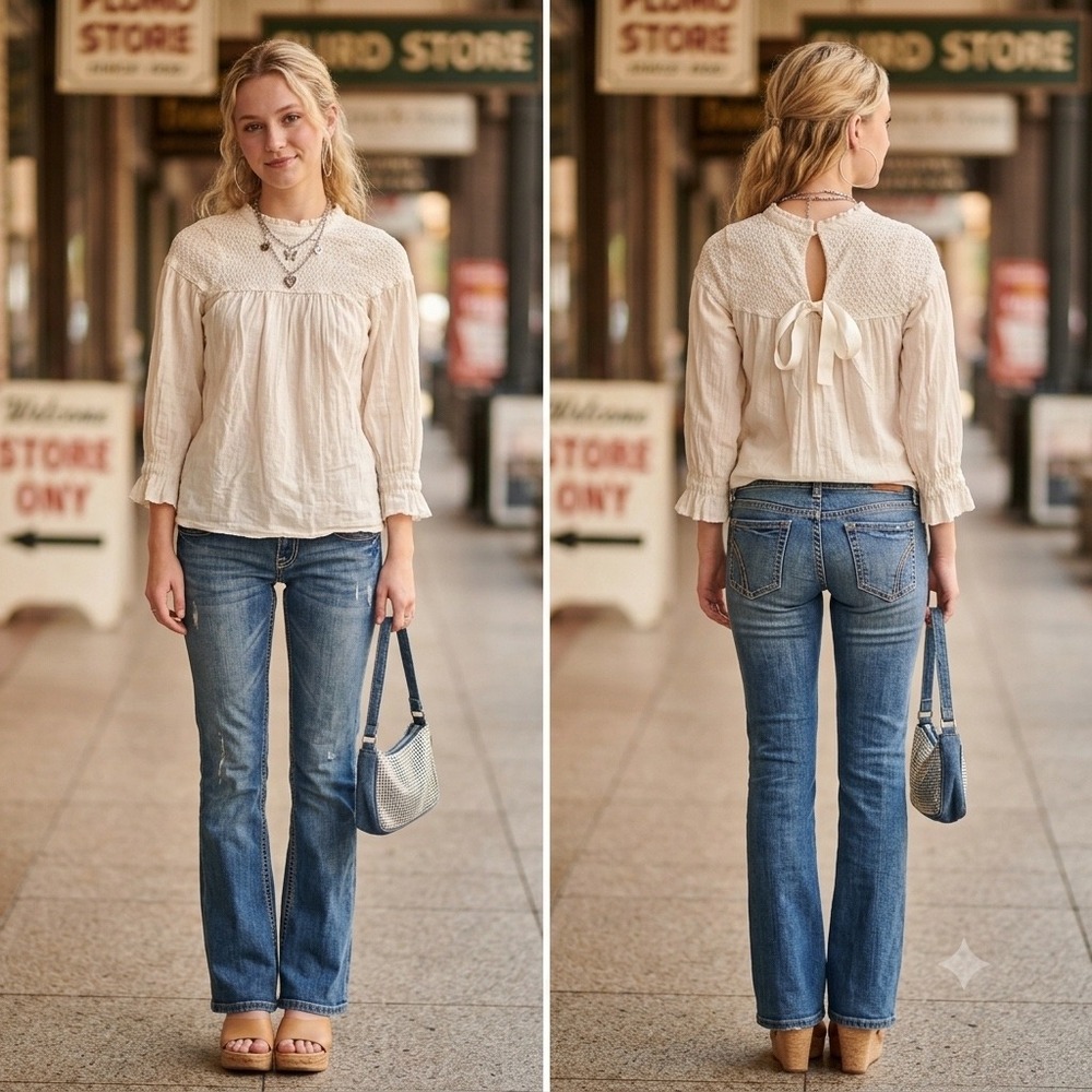 Free People Ivory Cotton Smocked Keyhole Back Ribbon Tie Blouse XS Ivory White